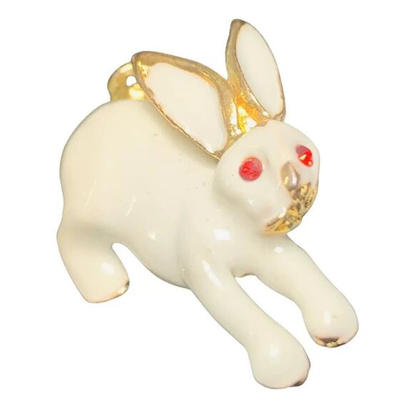 White Bunny Rabbit Pendant Brooch 1.5" red Eyes Gold Tone Whimsical Vintage - Picture 10 of 10